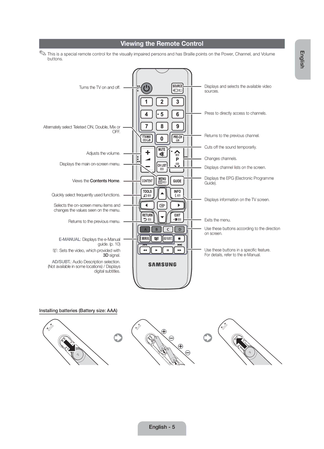 Samsung UE32EH6030WXZF, UE40EH6030WXZF, UE46EH6030WXZF Viewing the Remote Control, Installing batteries Battery size AAA 