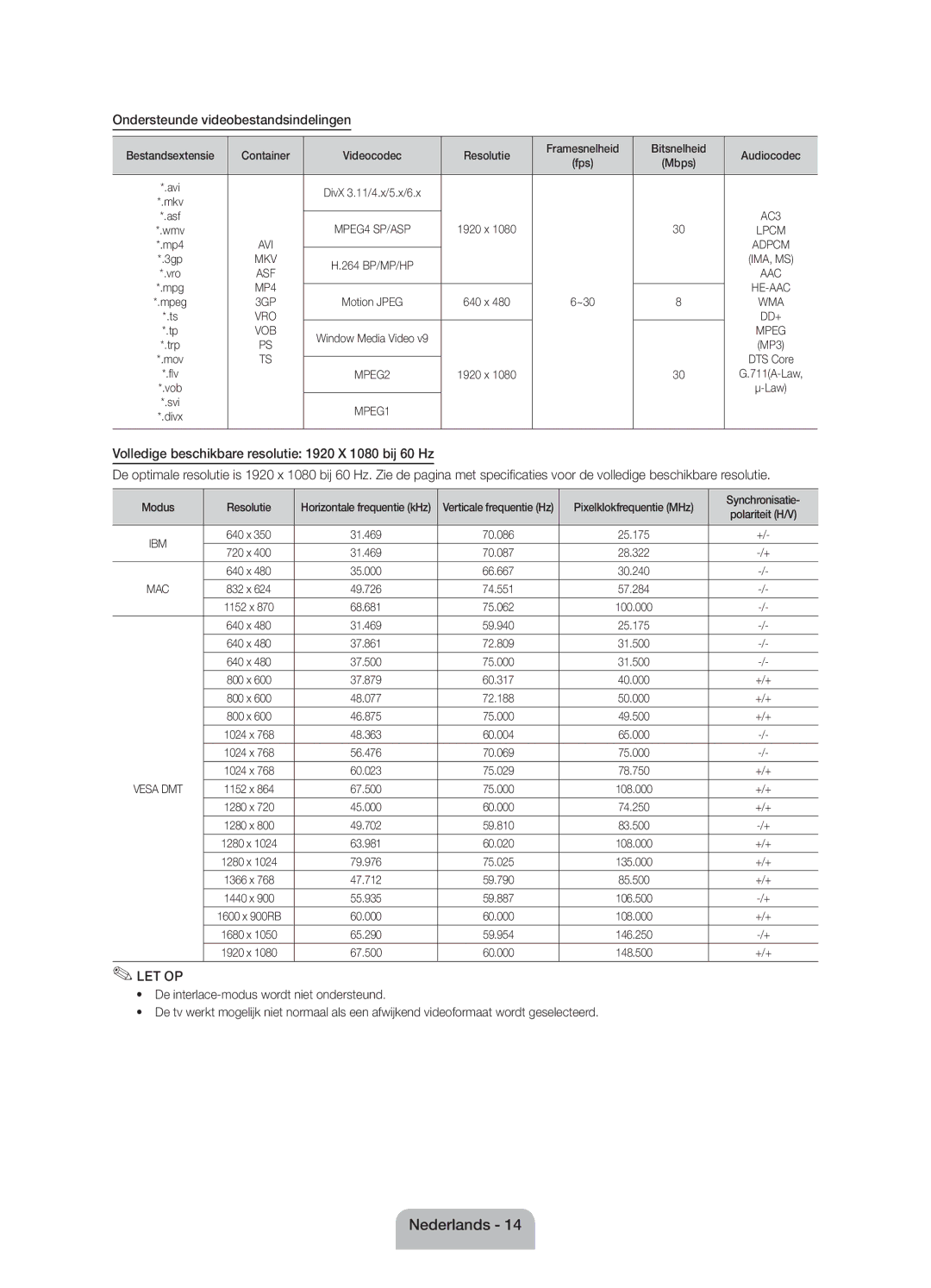 Samsung UE32EH6030WXZF, UE40EH6030WXZF, UE46EH6030WXZF manual Ondersteunde videobestandsindelingen, Beschikbare resolutie 