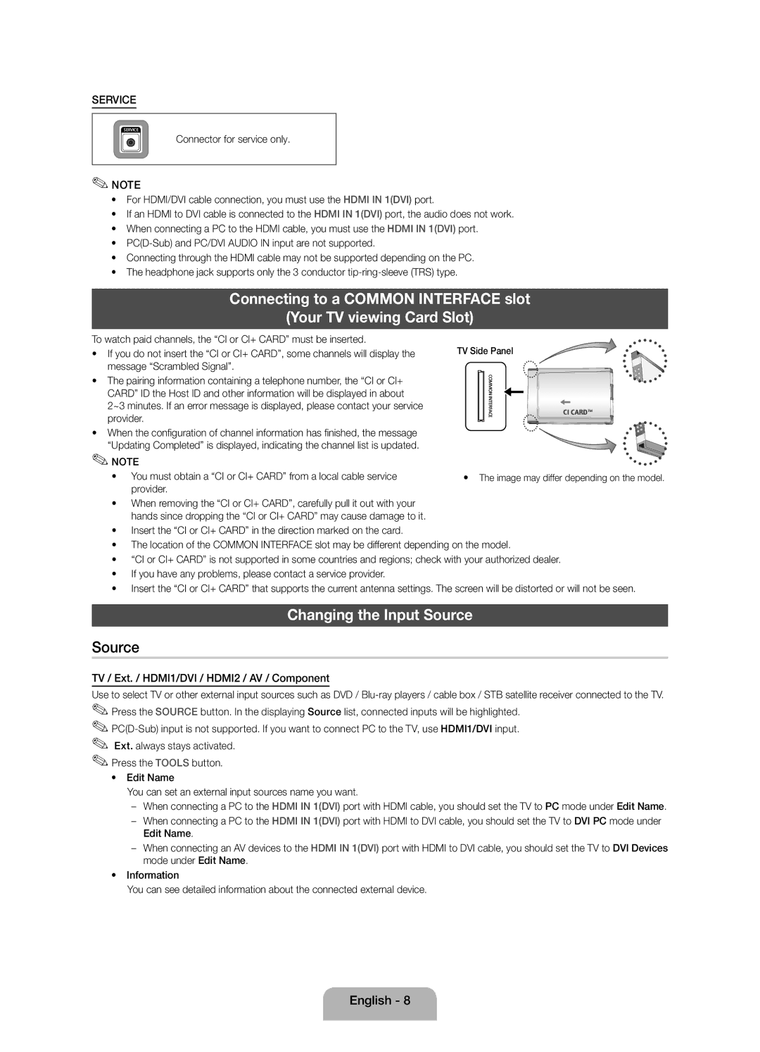 Samsung UE32EH6030WXZF Changing the Input Source, TV / Ext. / HDMI1/DVI / HDMI2 / AV / Component, Provider, TV Side Panel 