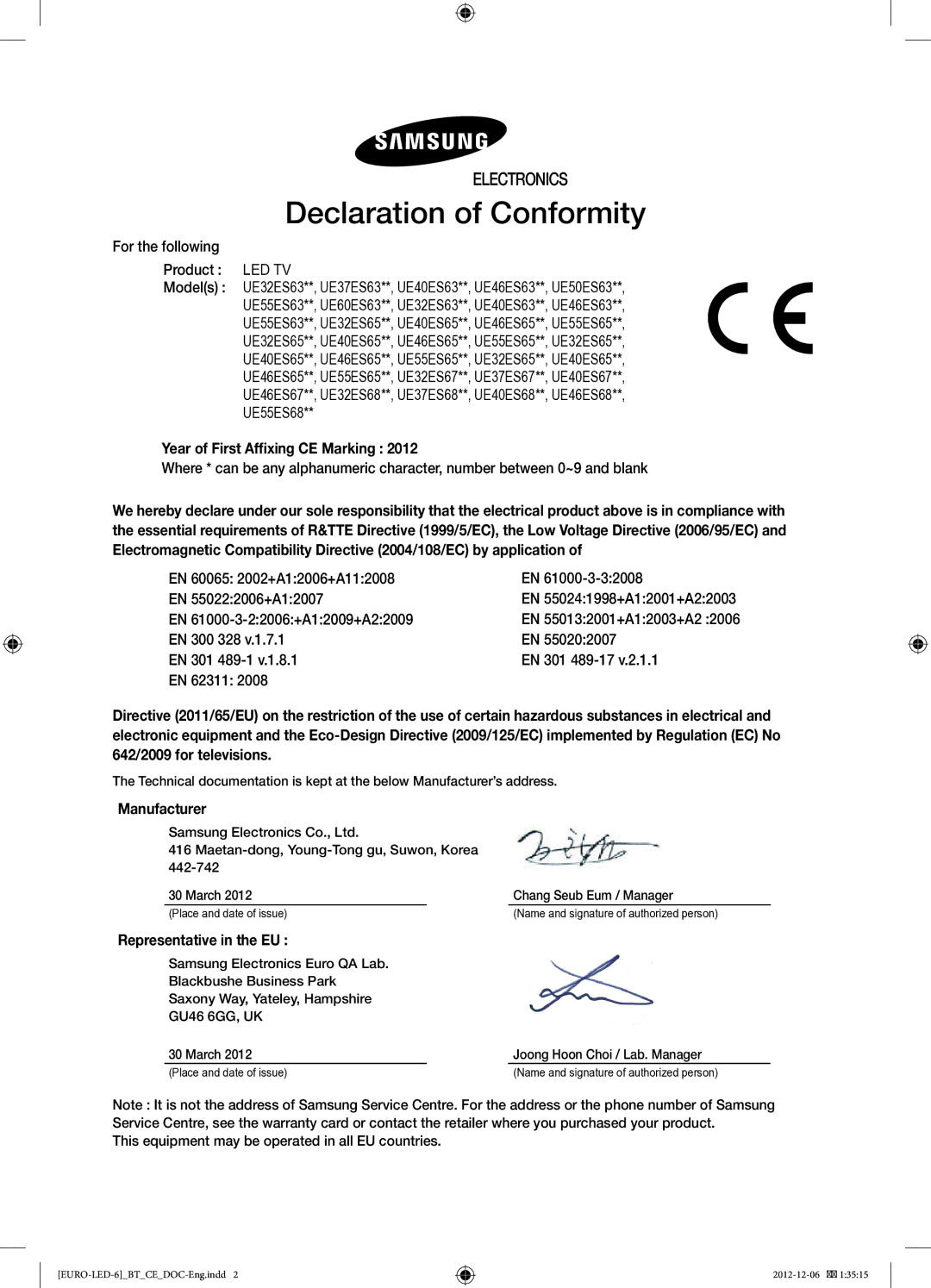 Samsung UE46EH6030WXZF, UE40EH6030WXZF manual Declaration of Conformity, Year of First Affixing CE Marking, Manufacturer 