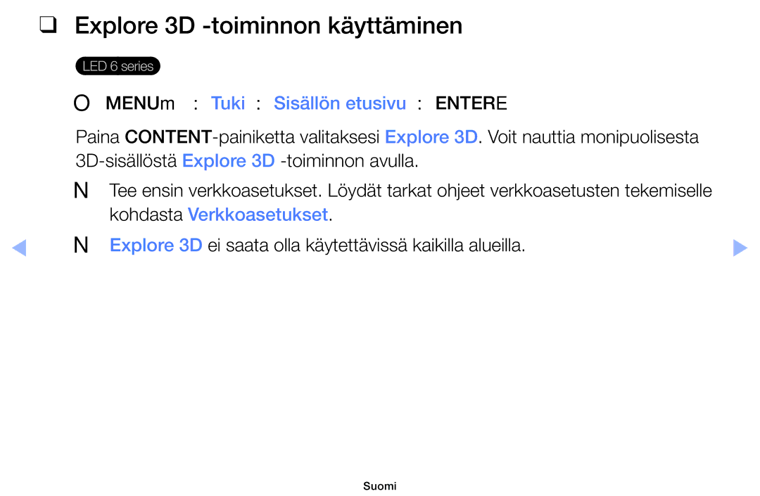 Samsung UE32EH6035KXXE, UE40EH6035KXXE manual Explore 3D -toiminnon käyttäminen, Kohdasta Verkkoasetukset 