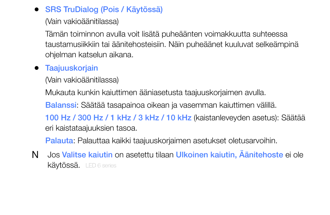 Samsung UE40EH6035KXXE, UE32EH6035KXXE manual SRS TruDialog Pois / Käytössä, Taajuuskorjain 