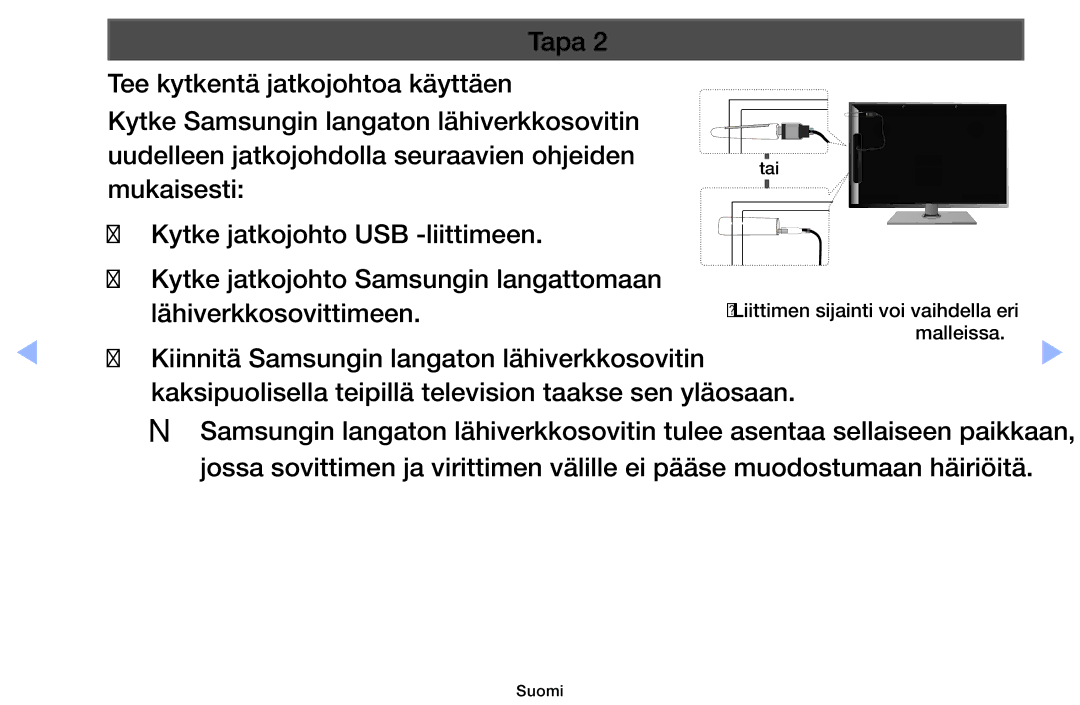 Samsung UE32EH6035KXXE, UE40EH6035KXXE manual Kiinnitä Samsungin langaton lähiverkkosovitin 