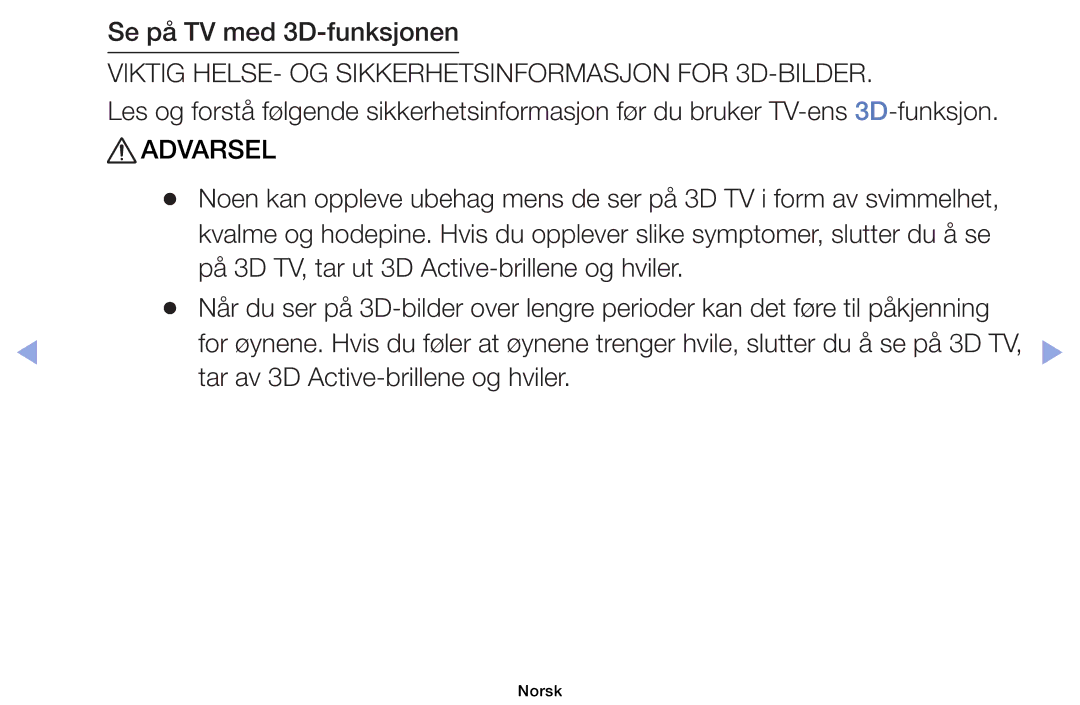 Samsung UE32EH6035KXXE, UE40EH6035KXXE manual Se på TV med 3D-funksjonen, Tar av 3D Active-brillene og hviler 