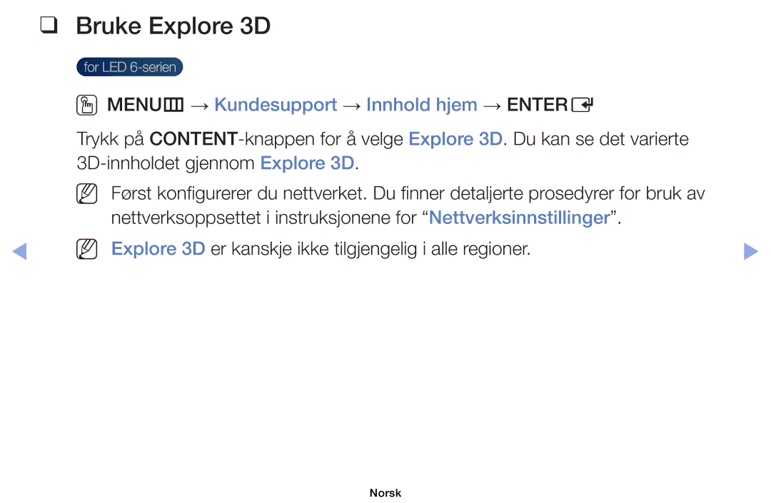 Samsung UE32EH6035KXXE, UE40EH6035KXXE manual Bruke Explore 3D, Explore 3D er kanskje ikke tilgjengelig i alle regioner 