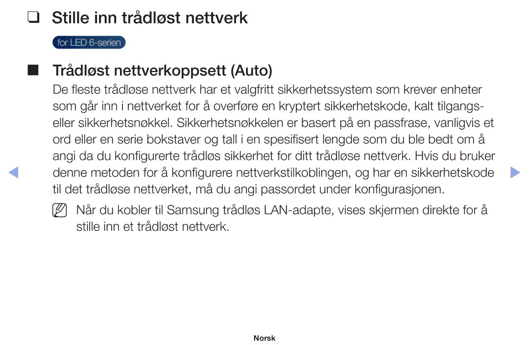 Samsung UE40EH6035KXXE, UE32EH6035KXXE manual Stille inn trådløst nettverk, Trådløst nettverkoppsett Auto 