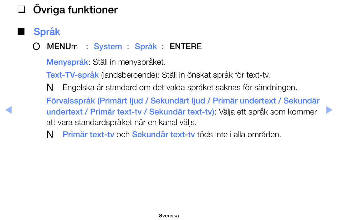 Samsung UE32EH6035KXXE, UE40EH6035KXXE manual Övriga funktioner, OOMENUm → System → Språk → Entere 