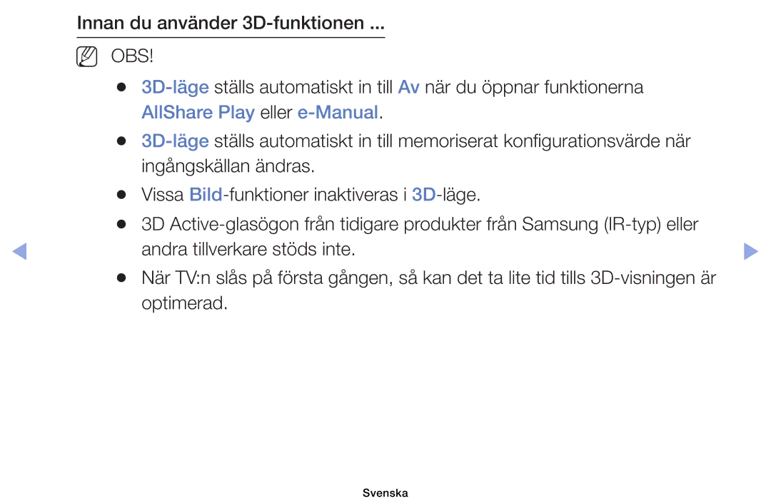 Samsung UE32EH6035KXXE, UE40EH6035KXXE manual Innan du använder 3D-funktionen, AllShare Play eller e-Manual, Optimerad 