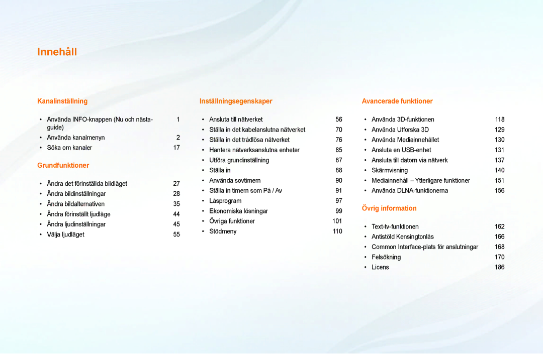 Samsung UE40EH6035KXXE, UE32EH6035KXXE manual Innehåll 