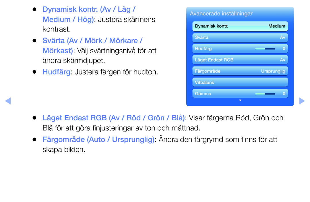 Samsung UE40EH6035KXXE, UE32EH6035KXXE manual Hudfärg Justera färgen för hudton, Avancerade inställningar 