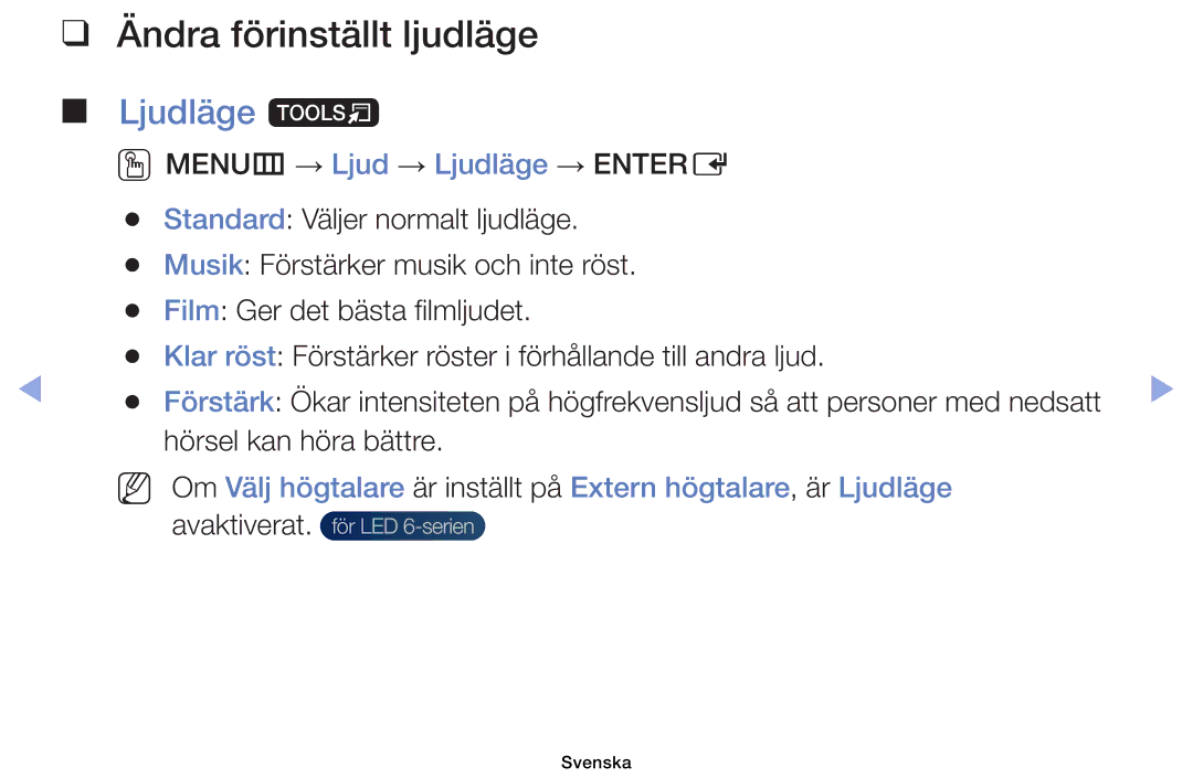 Samsung UE40EH6035KXXE, UE32EH6035KXXE manual Ändra förinställt ljudläge, Ljudläge t 