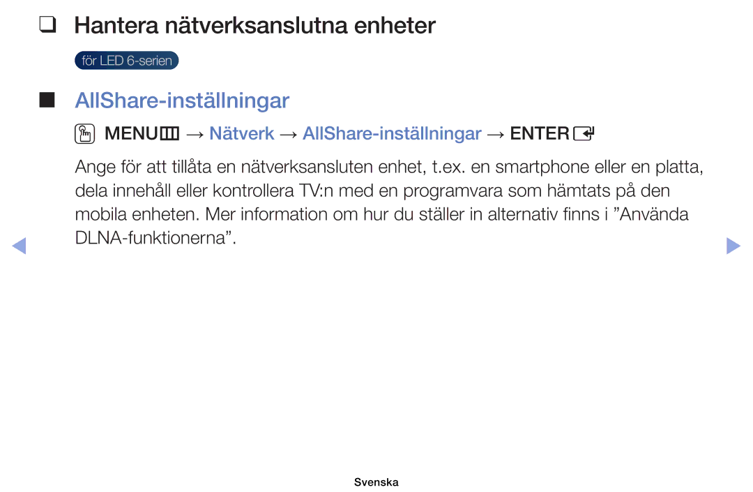 Samsung UE32EH6035KXXE, UE40EH6035KXXE manual Hantera nätverksanslutna enheter, AllShare-inställningar 