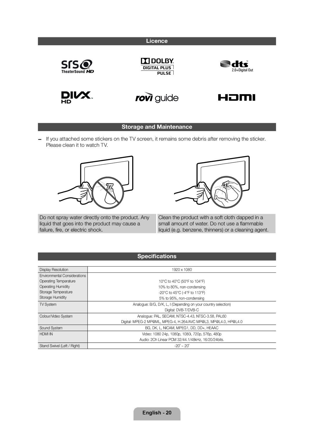 Samsung UE40ES6100PXZT manual Licence Storage and Maintenance, Specifications 