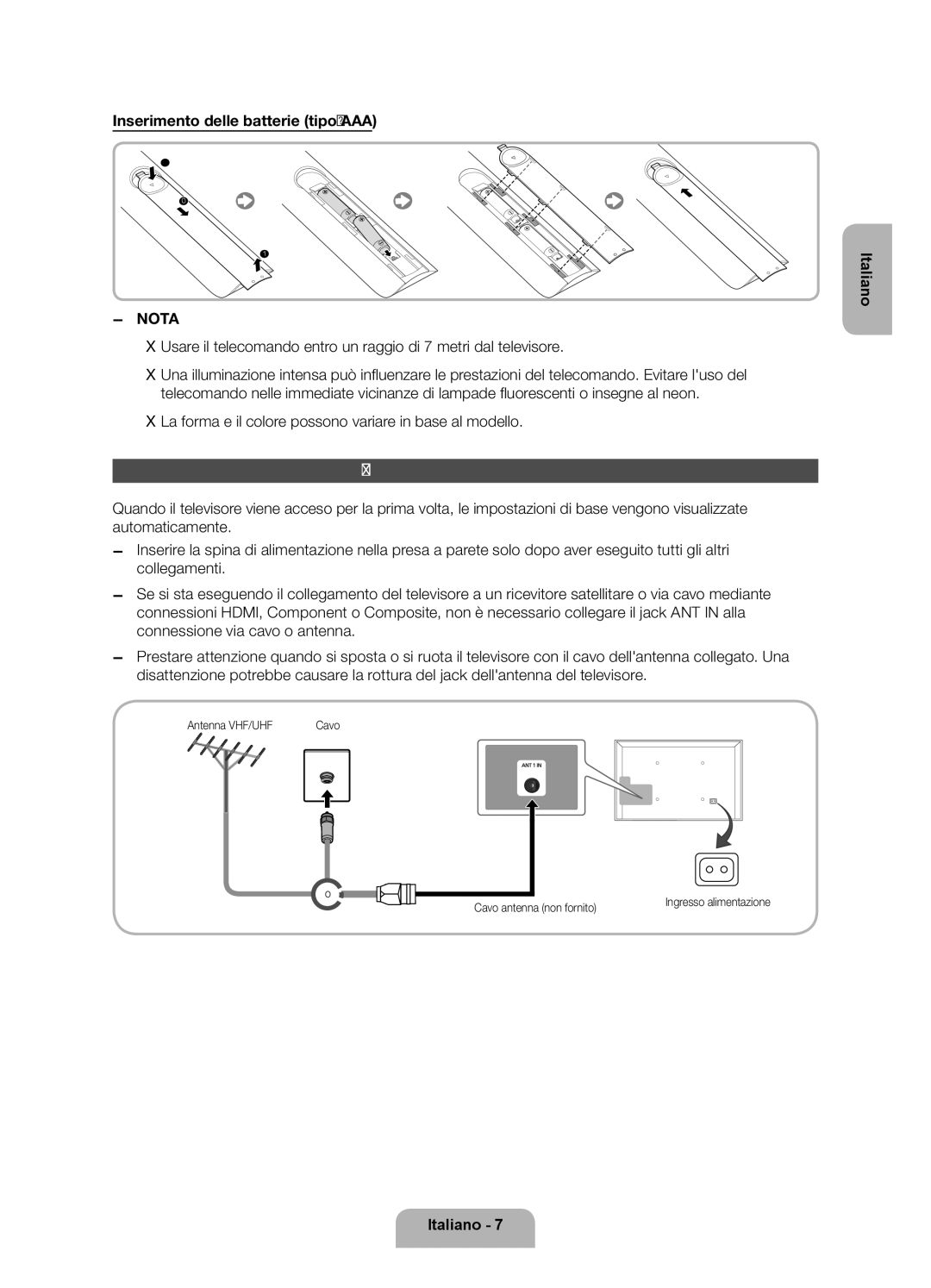 Samsung UE40ES6100PXZT manual Collegamento allantenna, Inserimento delle batterie tipo AAA, Antenna VHF/UHF 