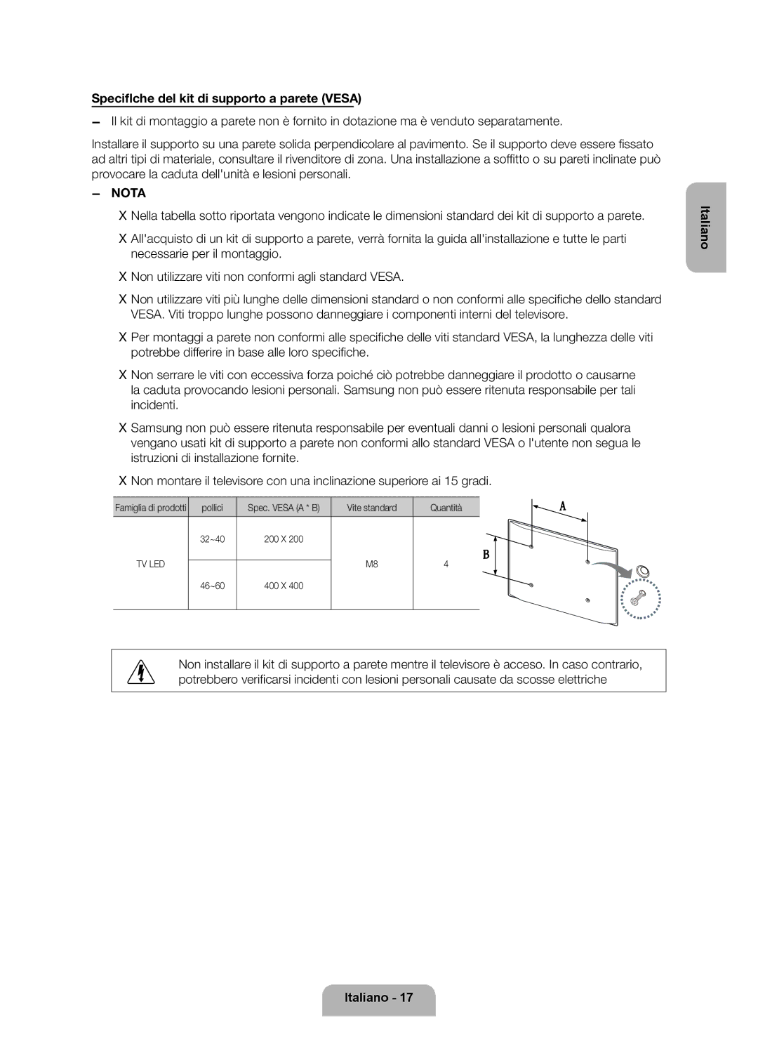 Samsung UE40ES6100PXZT manual Pollici, Vite standard Quantità 