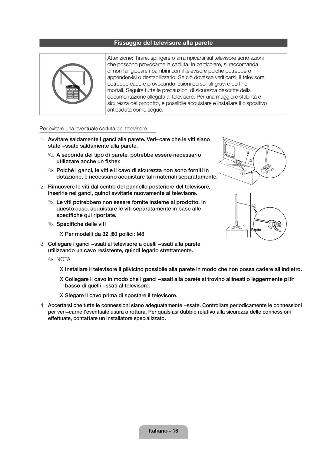 Samsung UE40ES6100PXZT manual Fissaggio del televisore alla parete 