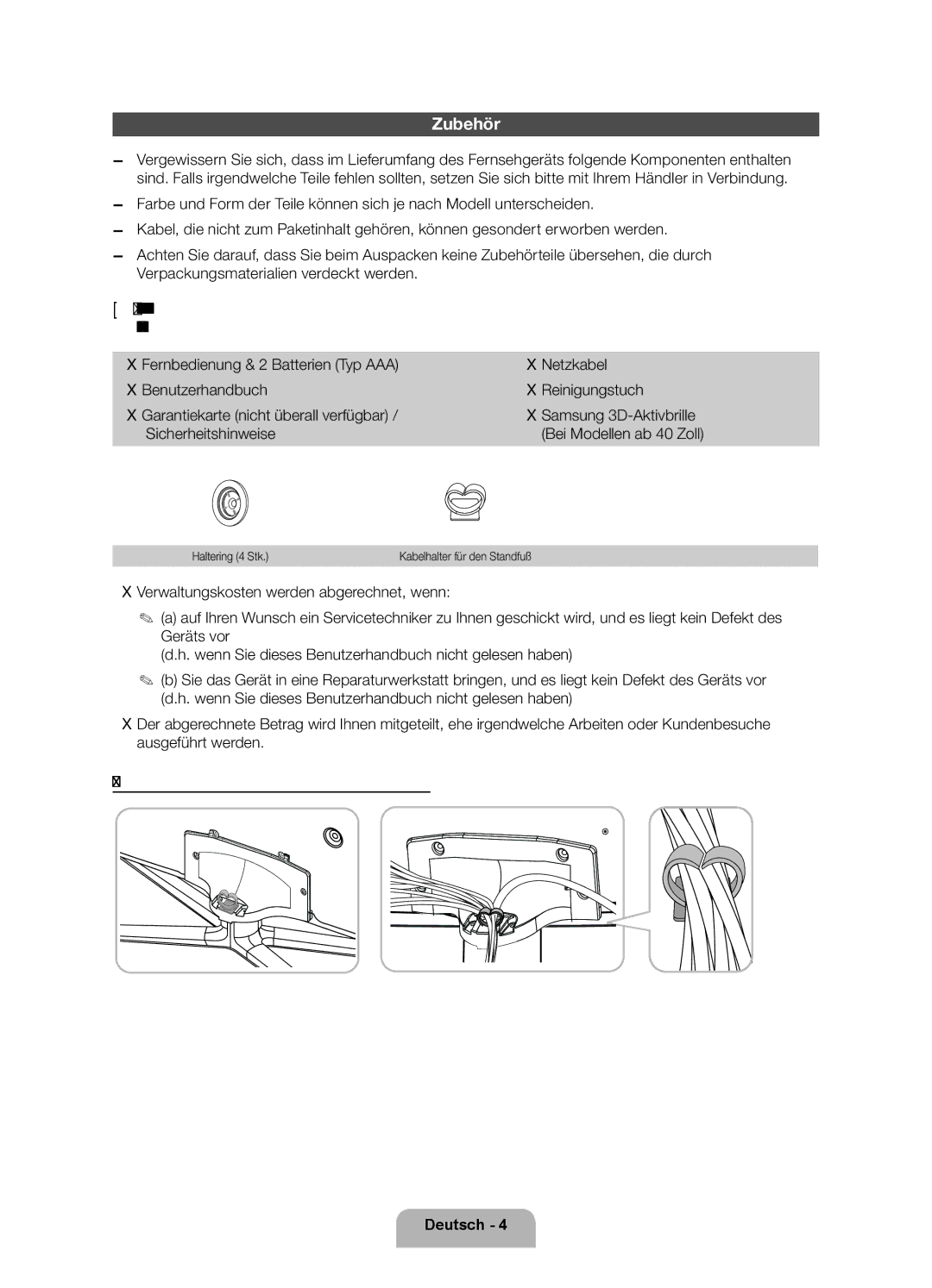 Samsung UE40ES6100PXZT manual Zubehör, Sicherheitshinweise, Haltering 4 Stk 