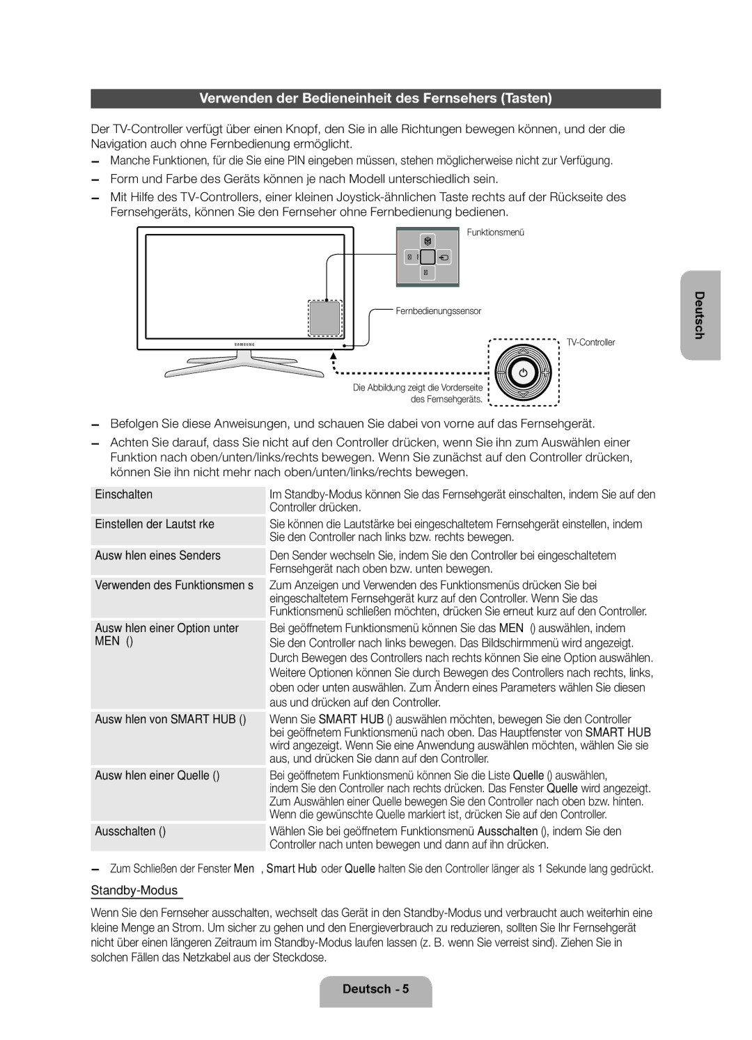 Samsung UE40ES6100PXZT manual Verwenden der Bedieneinheit des Fernsehers Tasten, Auswählen einer Option unter Menü m 