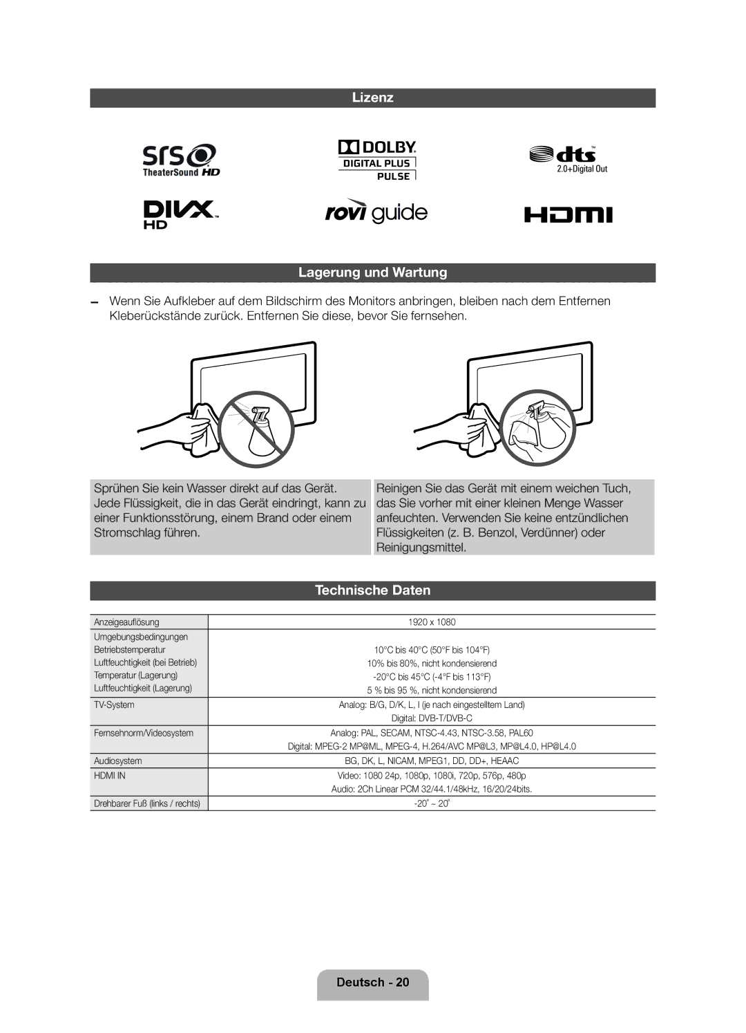 Samsung UE40ES6100PXZT manual Lizenz Lagerung und Wartung, Technische Daten 