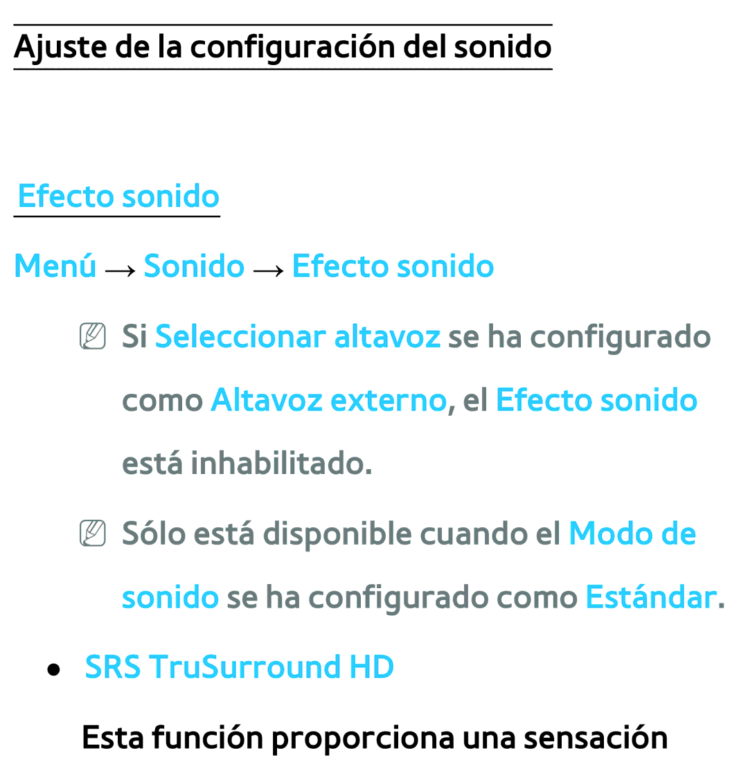 Samsung UE46ES5800SXXC, UE40ES6100WXZG, UE32ES5500WXXH manual Efecto sonido Menú → Sonido → Efecto sonido, SRS TruSurround HD 