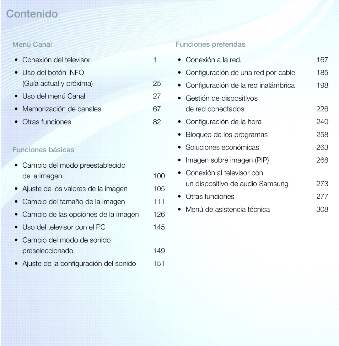 Samsung UE46ES5500WXTK, UE40ES6100WXZG, UE32ES5500WXXH, UE50ES6100WXXH, UE40ES6800SXXC, UE46ES5500WXXH manual Contenido 