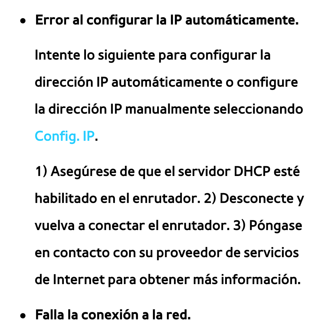 Samsung UE50ES5500WXXC, UE40ES6100WXZG, UE32ES5500WXXH, UE46ES5500WXTK manual Error al configurar la IP automáticamente 