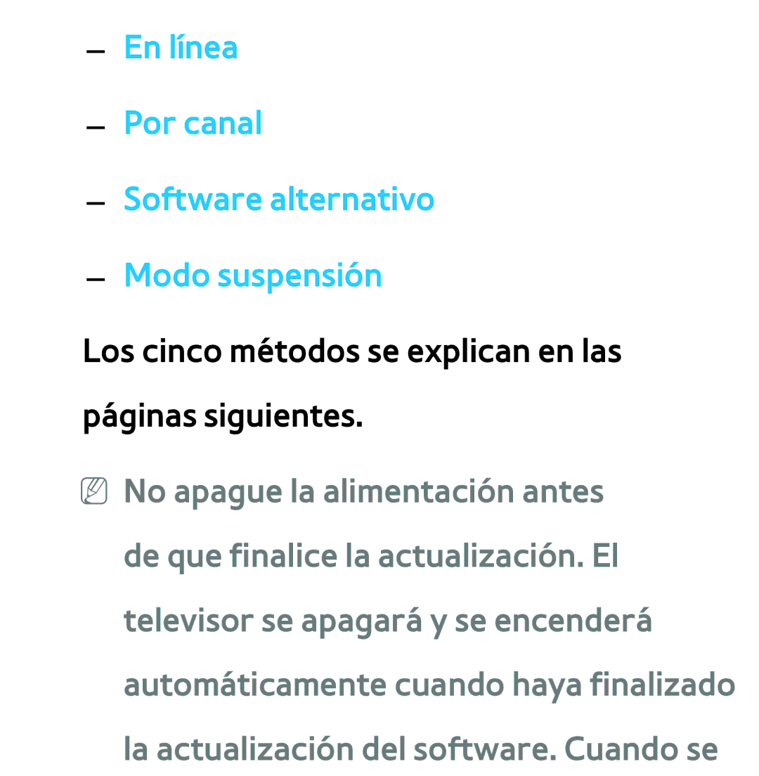 Samsung UE40ES5500WXXH, UE40ES6100WXZG, UE32ES5500WXXH manual En línea Por canal Software alternativo Modo suspensión 