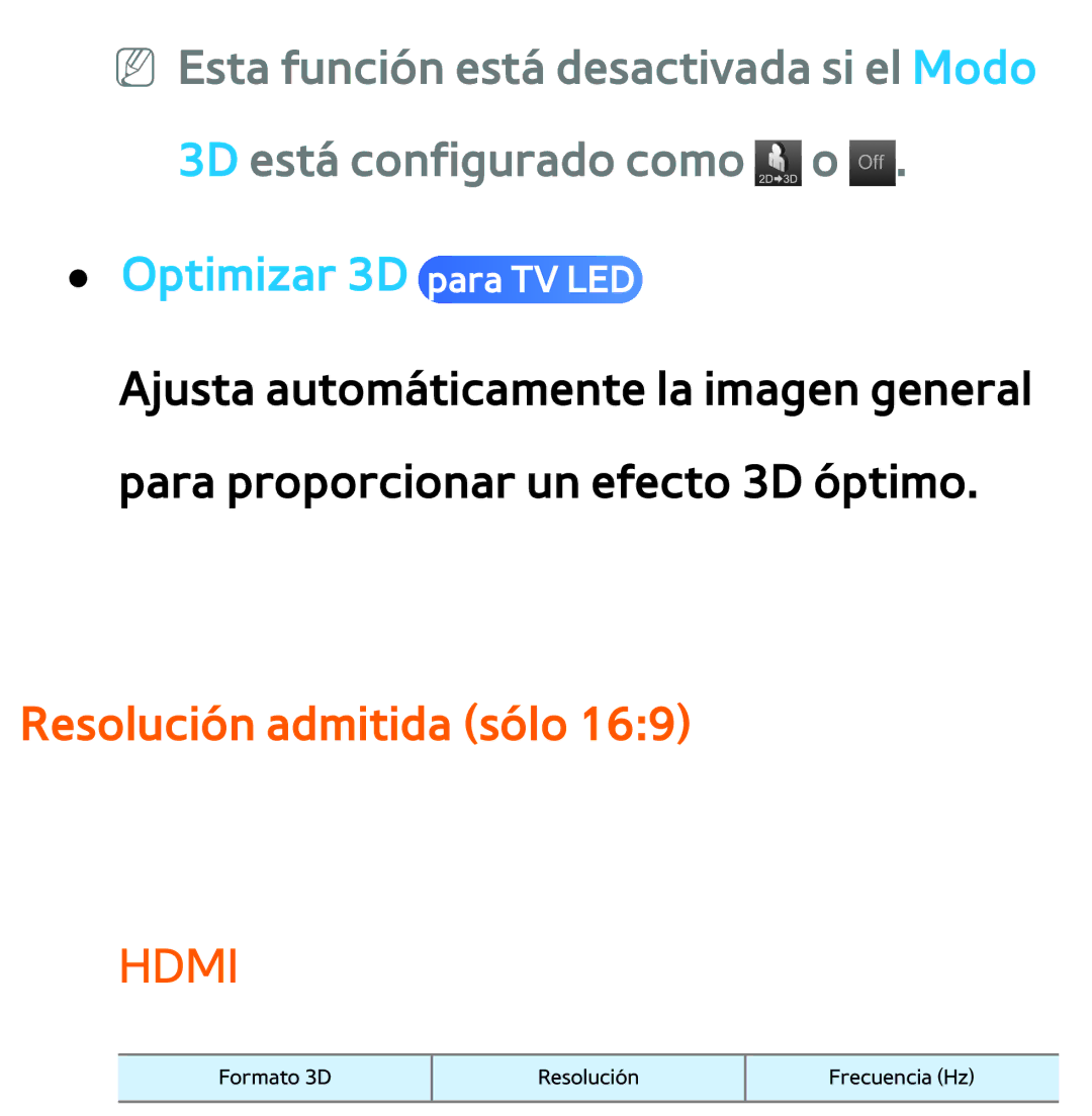 Samsung UE32ES5500WXXC, UE40ES6100WXZG, UE32ES5500WXXH, UE46ES5500WXTK Optimizar 3D para TV LED, Resolución admitida sólo 