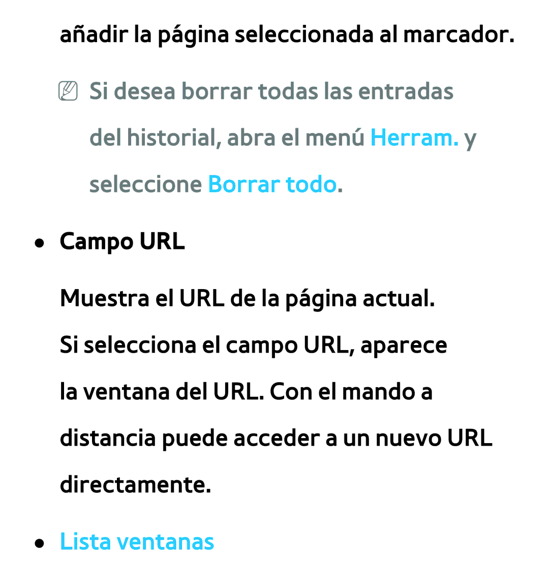 Samsung UE26EH4500WXXC, UE40ES6100WXZG, UE32ES5500WXXH, UE46ES5500WXTK, UE50ES6100WXXH manual Campo URL, Lista ventanas 
