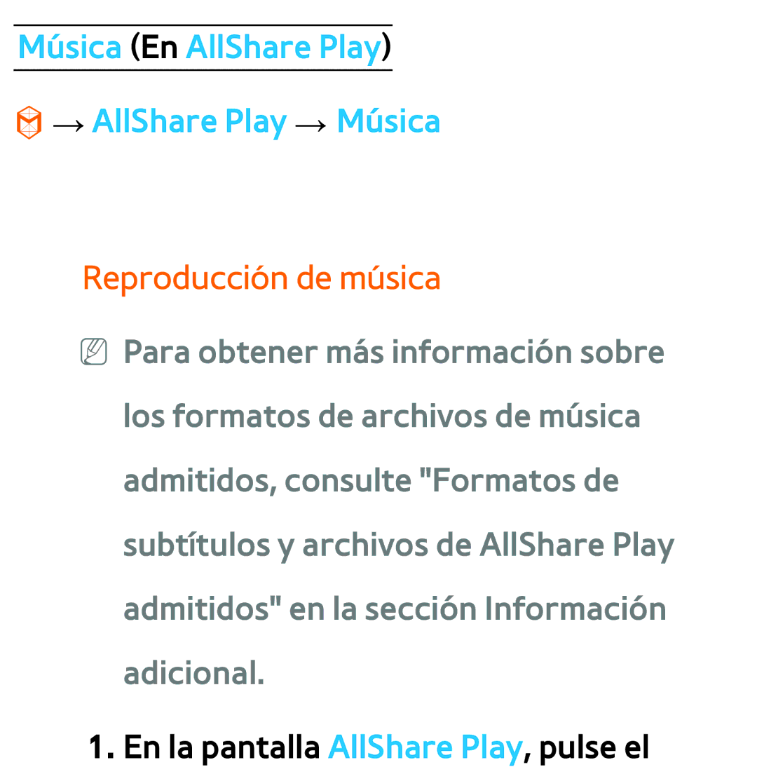 Samsung UE46ES5700SXXC, UE40ES6100WXZG manual Música En AllShare Play → AllShare Play → Música, Reproducción de música 