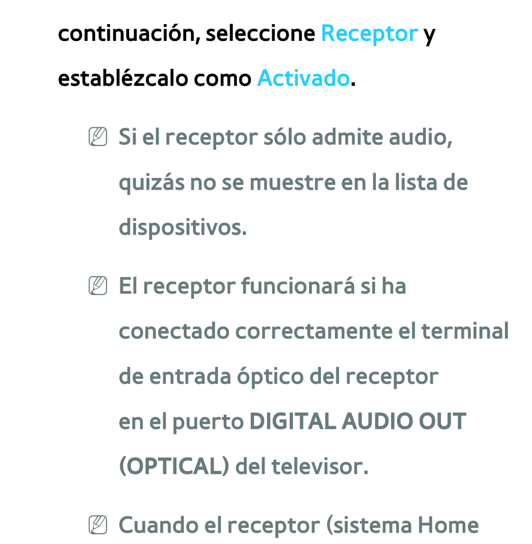 Samsung UE46ES5500WXTK manual En el puerto Digital Audio OUT, Optical del televisor NN Cuando el receptor sistema Home 