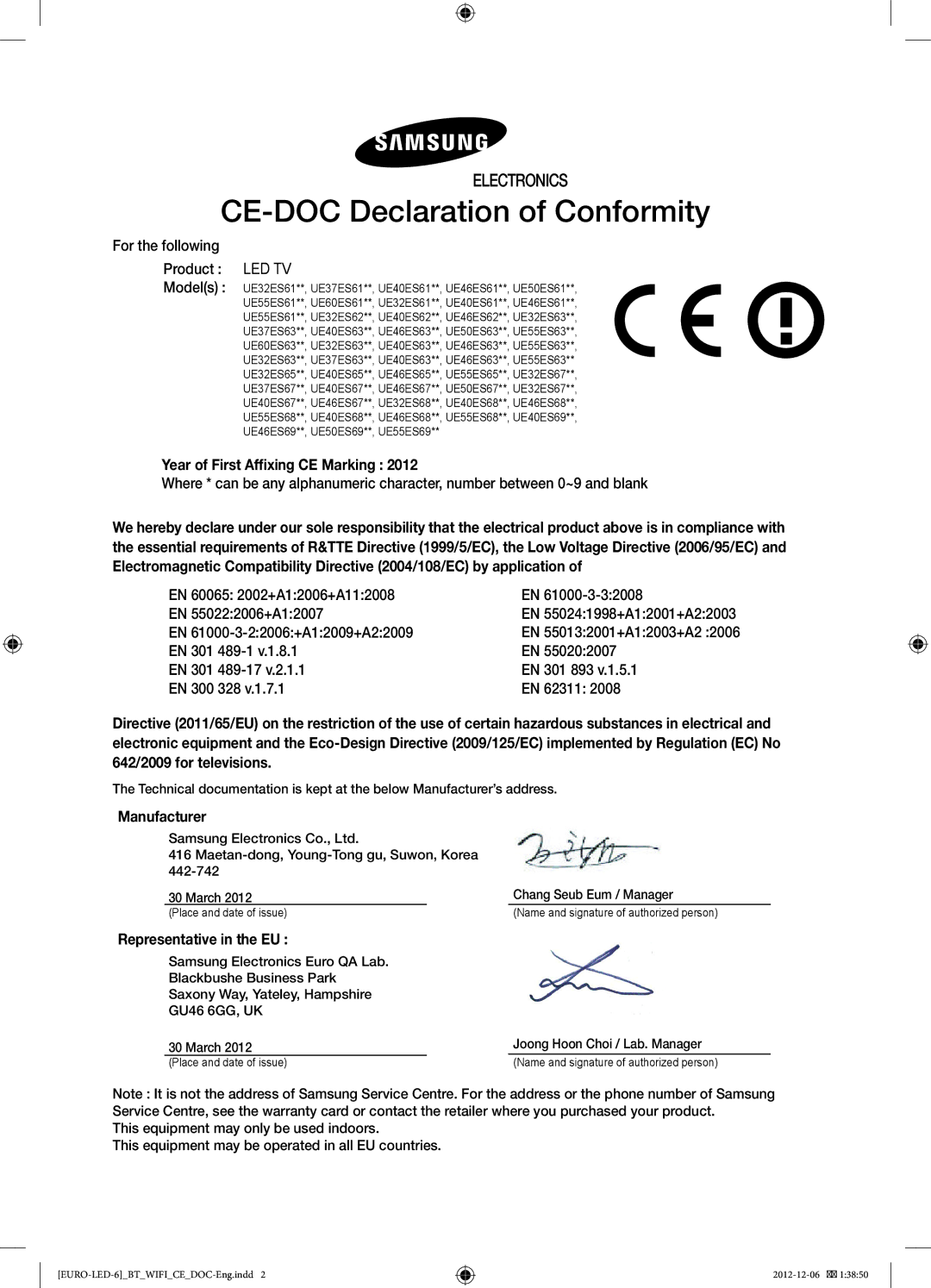 Samsung UE32ES6570SXXH manual CE-DOC Declaration of Conformity, Year of First Affixing CE Marking, Manufacturer 