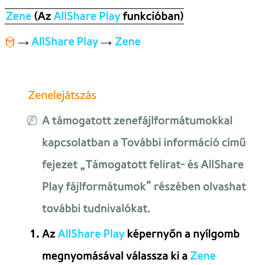Samsung UE32ES6805UXXE, UE40ES6100WXZG manual Zene Az AllShare Play funkcióban → AllShare Play → Zene, Zenelejátszás 