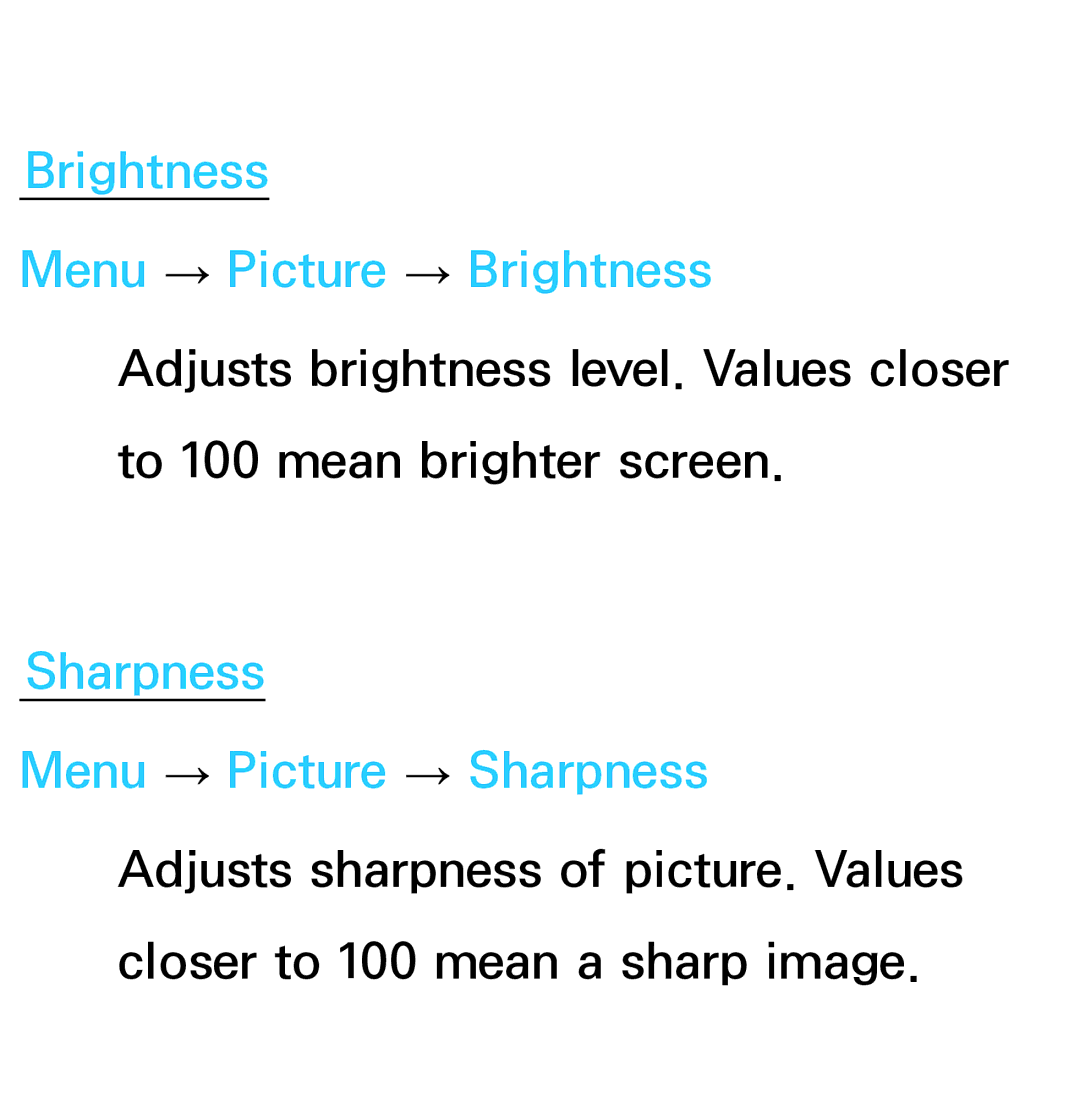 Samsung UE40ES6530SXZG, UE40ES6100WXZG manual Brightness Menu → Picture → Brightness, Sharpness Menu → Picture → Sharpness 