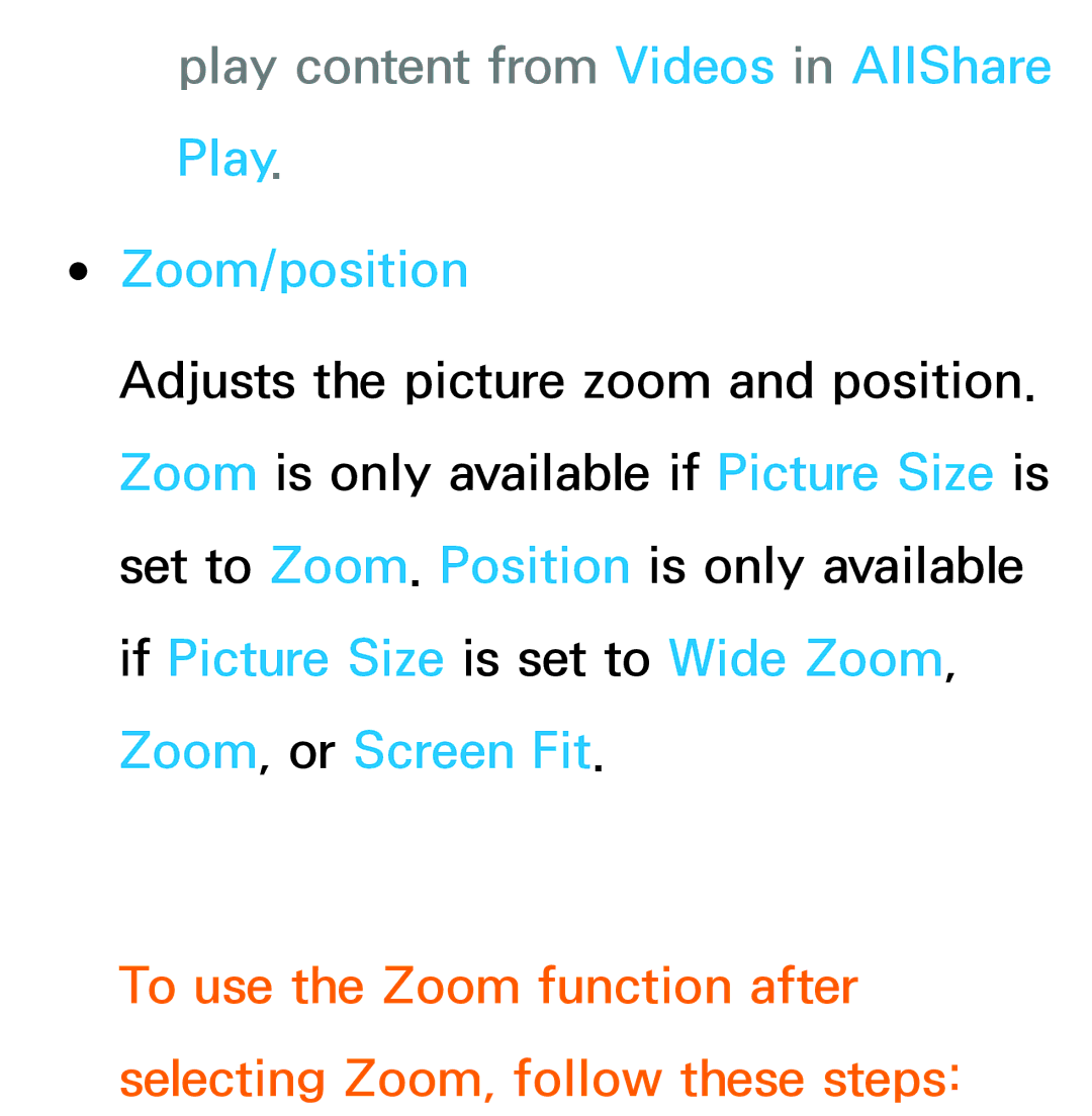 Samsung UE32ES6100WXXH, UE40ES6100WXZG, UE40ES5500WXZG manual Play content from Videos in AllShare Play, Zoom/position 