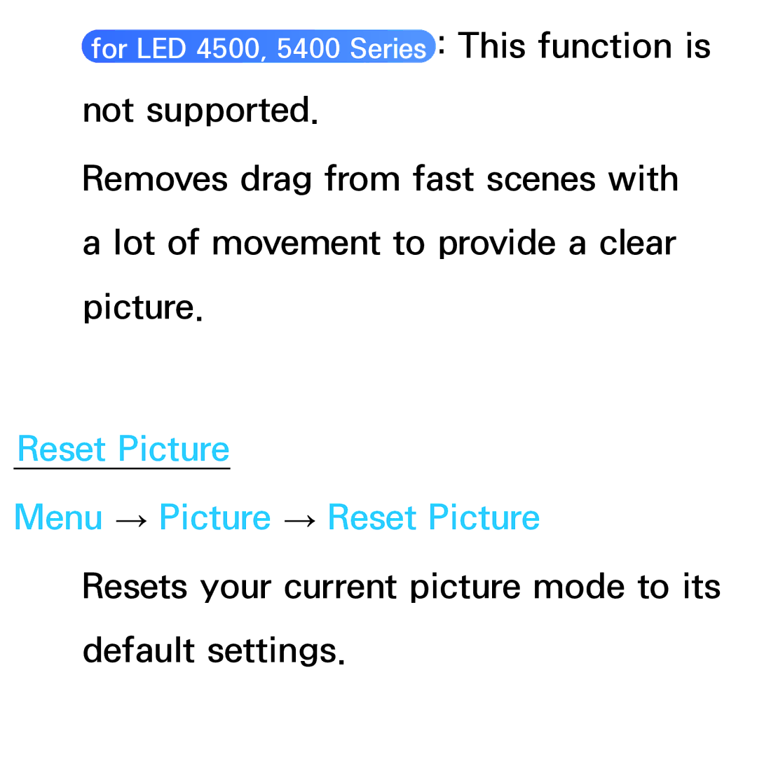 Samsung UE32EH5300WXXN, UE40ES6100WXZG, UE40ES5500WXZG, UE32ES6750SXZG manual Reset Picture Menu → Picture → Reset Picture 