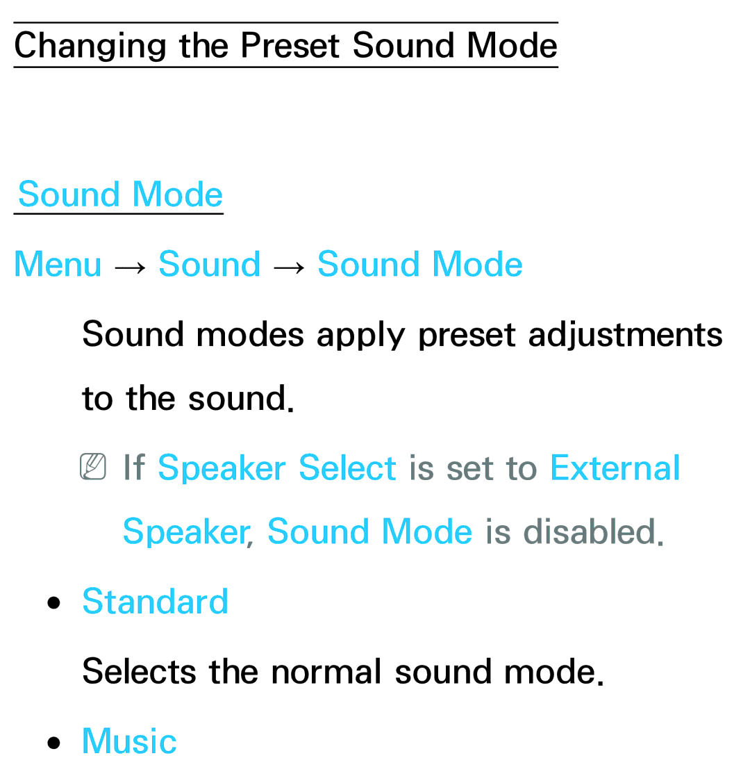 Samsung UE65ES8000SXXC, UE40ES6100WXZG, UE40ES5500WXZG, UE32ES6750SXZG, UE32ES6570SXXH Sound Mode Menu → Sound → Sound Mode 