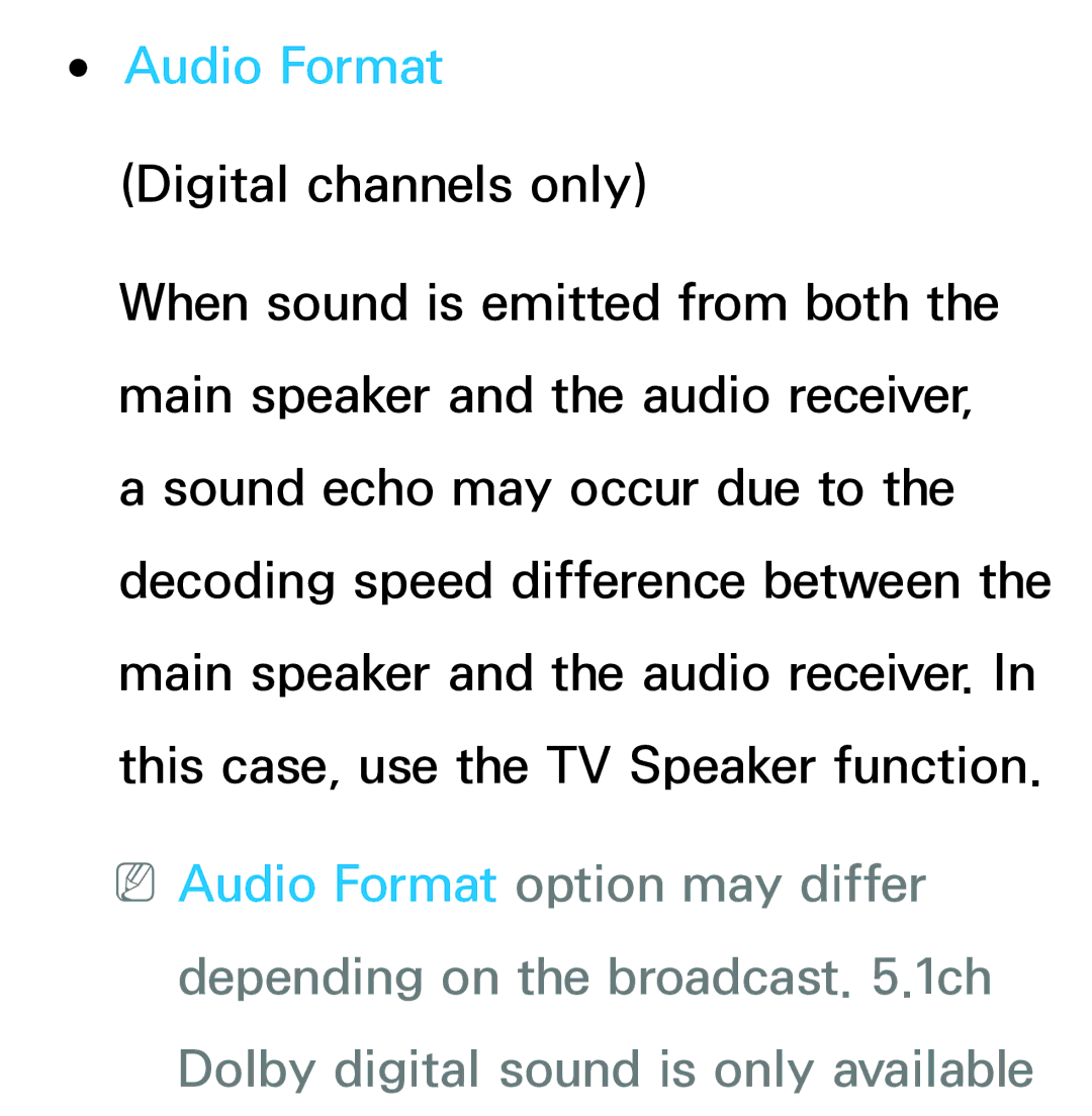 Samsung UE55ES6900SXZF, UE40ES6100WXZG, UE40ES5500WXZG, UE32ES6750SXZG, UE32ES6570SXXH, UE32ES5700SXZG manual Audio Format 