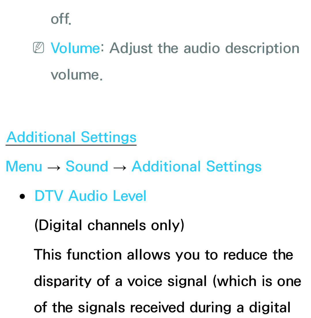 Samsung UE22ES5400WXZF, UE40ES6100WXZG, UE40ES5500WXZG, UE32ES6750SXZG manual Off NNVolume Adjust the audio description volume 