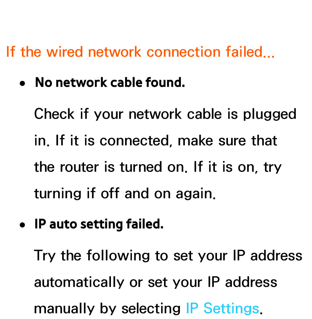 Samsung UE55ES6540SXZF, UE40ES6100WXZG, UE40ES5500WXZG manual If the wired network connection failed, No network cable found 