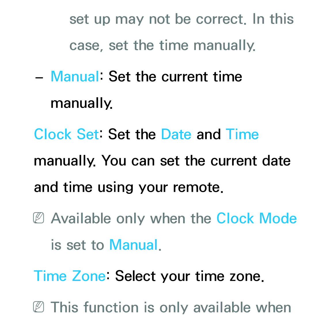 Samsung UE22ES5400PXZT manual NNAvailable only when the Clock Mode is set to Manual, NNThis function is only available when 