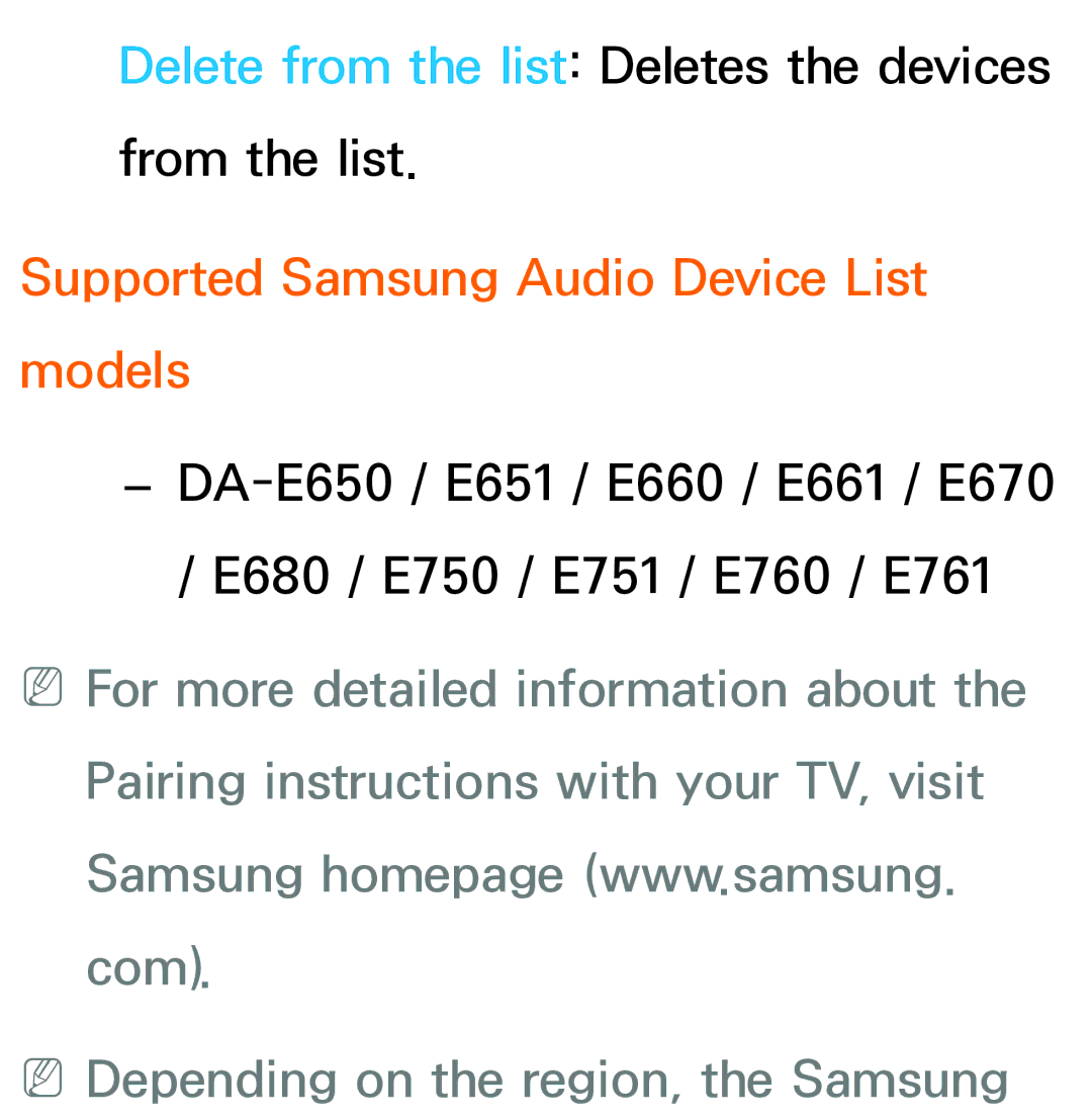 Samsung UE46ES6800SXXC, UE40ES6100WXZG Supported Samsung Audio Device List models, NNDepending on the region, the Samsung 