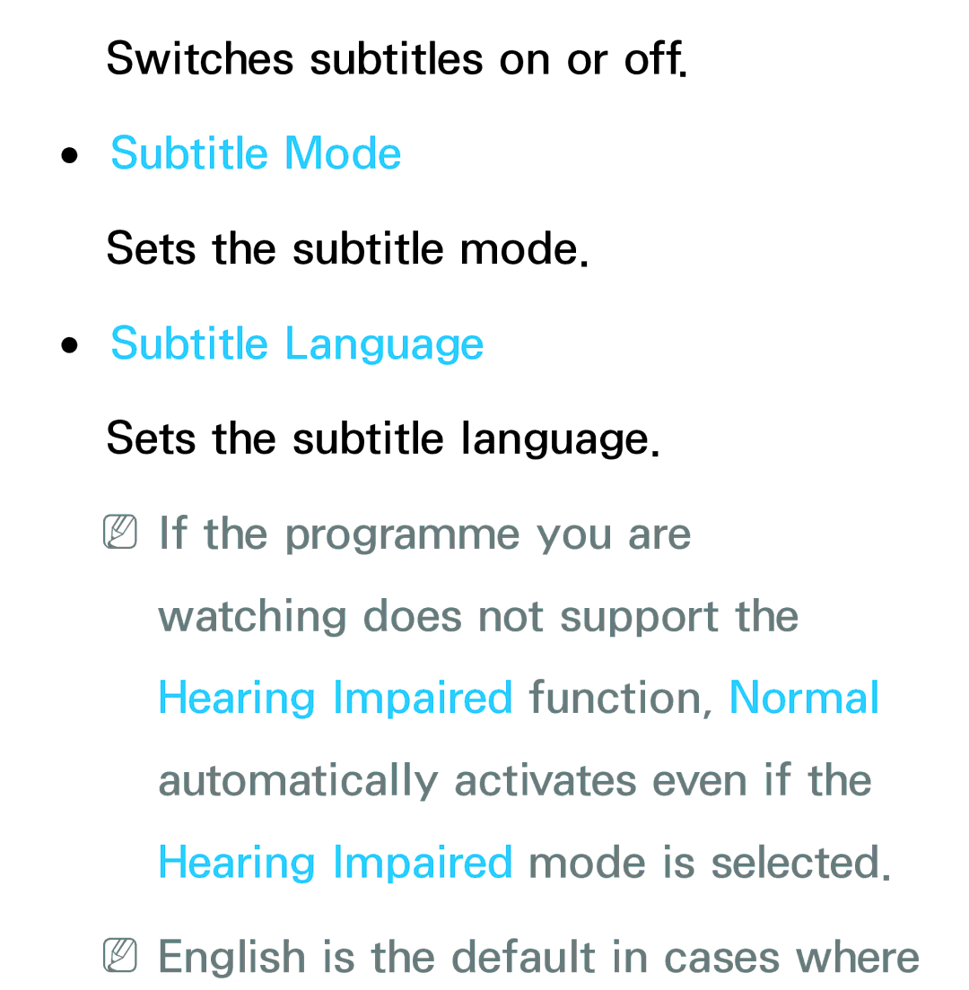 Samsung UE55ES6140WXXC, UE40ES6100WXZG, UE40ES5500WXZG, UE32ES6750SXZG, UE32ES6570SXXH manual Subtitle Mode, Subtitle Language 