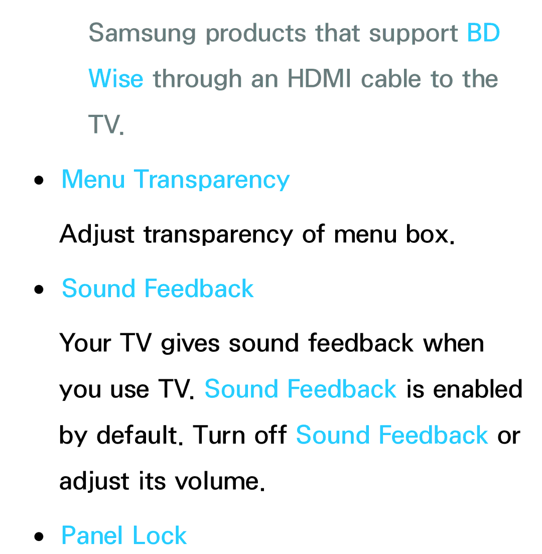 Samsung UE46EH5300WXTK, UE40ES6100WXZG, UE40ES5500WXZG, UE32ES6750SXZG manual Menu Transparency, Sound Feedback, Panel Lock 