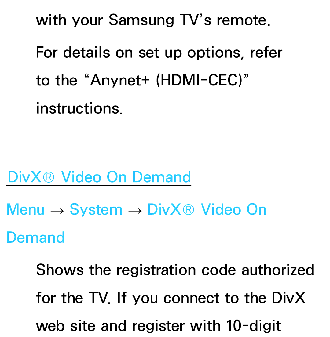 Samsung UE50ES6900SXXC, UE40ES6100WXZG, UE40ES5500WXZG manual DivX Video On Demand Menu → System → DivX Video On Demand 