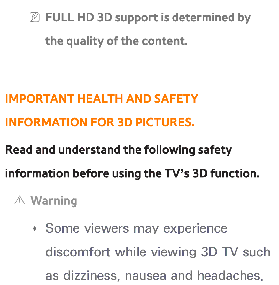 Samsung UE46ES6530SXXH, UE40ES6100WXZG, UE40ES5500WXZG manual Important Health and Safety Information for 3D Pictures 