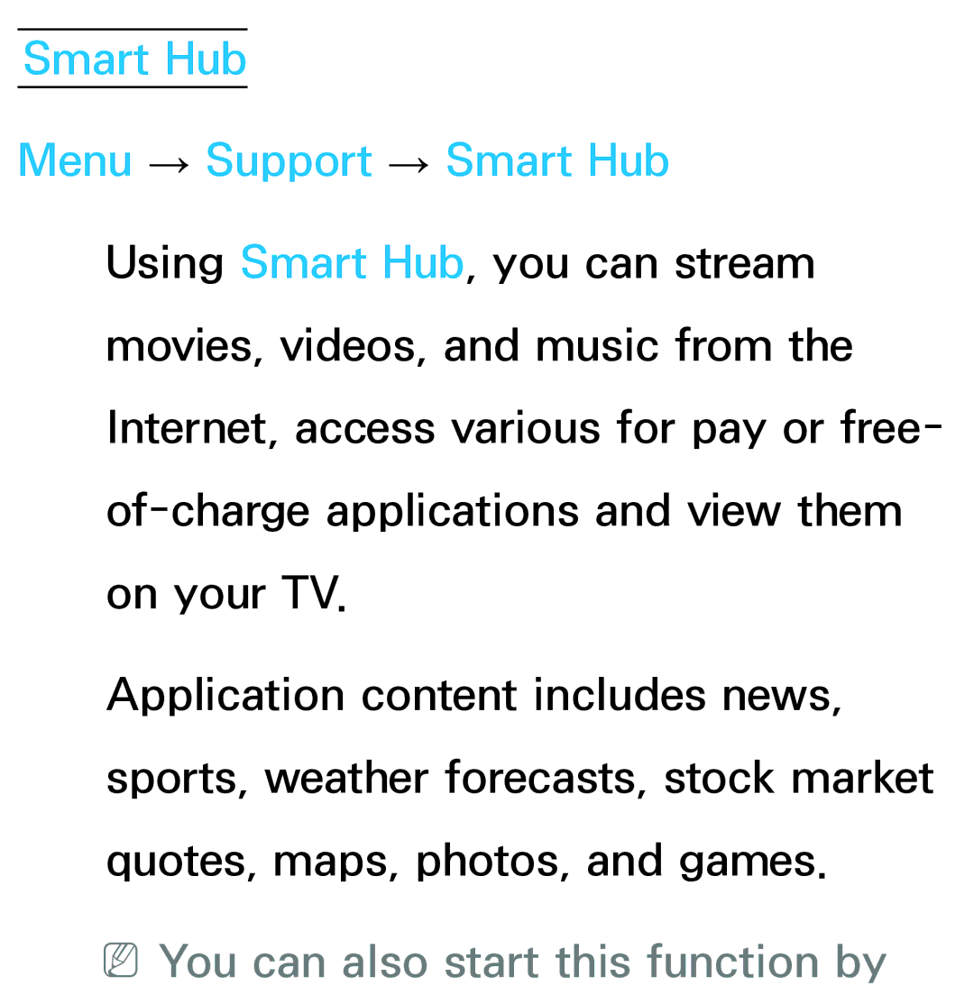 Samsung UE40ES5700SXXH, UE40ES6100WXZG manual Smart Hub Menu → Support → Smart Hub, NNYou can also start this function by 