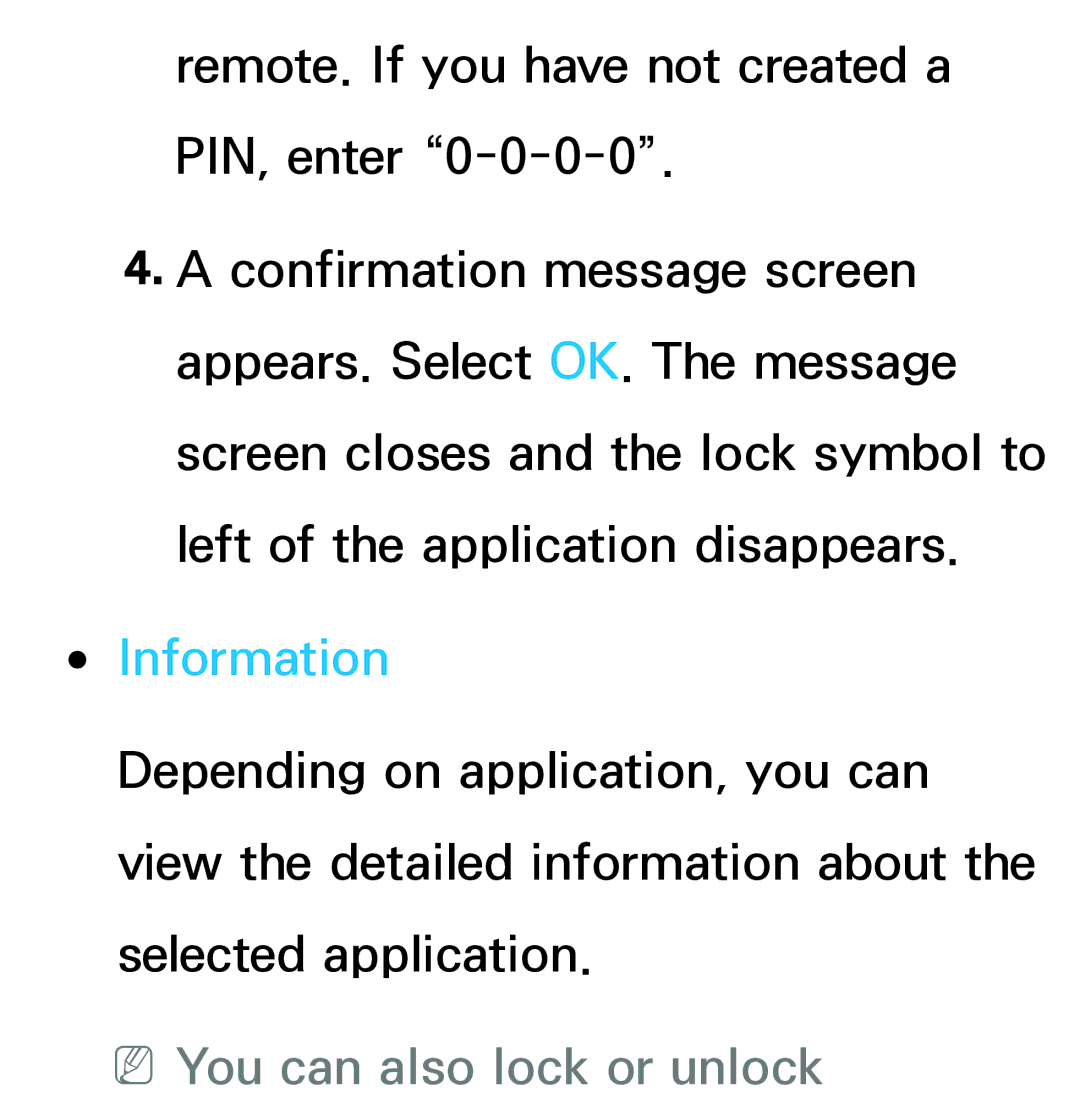 Samsung UE55ES6575UXXE, UE40ES6100WXZG, UE40ES5500WXZG, UE32ES6750SXZG manual Information, NNYou can also lock or unlock 