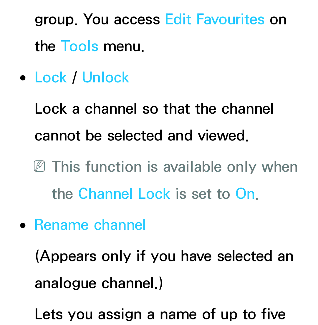 Samsung UE32ES6340SXZG, UE40ES6100WXZG, UE40ES5500WXZG, UE32ES6750SXZG, UE32ES6570SXXH manual Lock / Unlock, Rename channel 