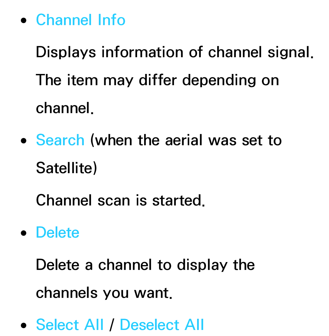 Samsung UE32EH5300WXZG, UE40ES6100WXZG, UE40ES5500WXZG, UE32ES6750SXZG manual Channel Info, Select All / Deselect All 